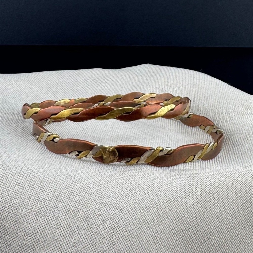 Vintage Mixed Metal Bangle Bracelets Braided Copper Brass Silver Tone set of 2
